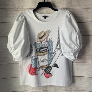 More Love & Lace White Blouse with Paris Graphic Flowers Puff Sleeves Size Large